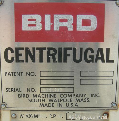 Used Bird Solid Bowl Decanter Centrifuge, Model 5100. 30" diameter x 120" long rotating assembly, 316 stainless steel construction (product contact areas), max bowl speed 2450 RPM, 2557 x "G" force, ...