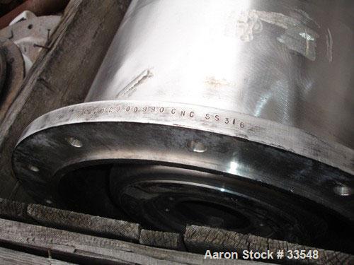 USED: Bird HB-2500 solid bowl decanter centrifuge, 316 stainless steel. 8 deg contour bowl, end discharge. 6" single lead hardsurfaced conveyor. SA-69 80:1 gearbox, 30 hp motor, 230/460/3/60/1765 rpm...
