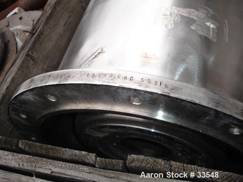 USED: Bird HB-2500 solid bowl decanter centrifuge, 316 stainless steel. 8 deg contour bowl, end discharge. 6" single lead hardsurfaced conveyor. SA-69 80:1 gearbox, 30 hp motor, 230/460/3/60/1765 rpm...