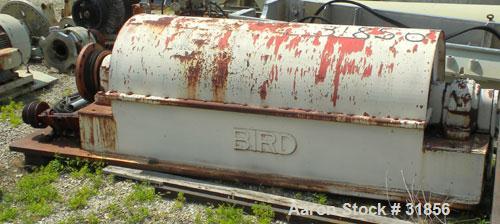 Used Bird HB-3700 Solid Bowl Decanter Centrifuge, Carbon Steel. Maximum bowl speed 1400 rpm, 8 degree contour bowl, 9" double lead conveyor with ceramic tiles. Driven by a 50 hp, 3/60/460 volt, 1750 ...