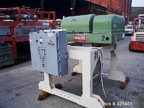 USED: Bird HP-0150 solid bowl decanter, stainless steel constructionon product contact areas. Approximate bowl dimensions 9" x 27", maxbowl speed 6000 rpm, single lead conveyor, cyclo gearbox, base,f...