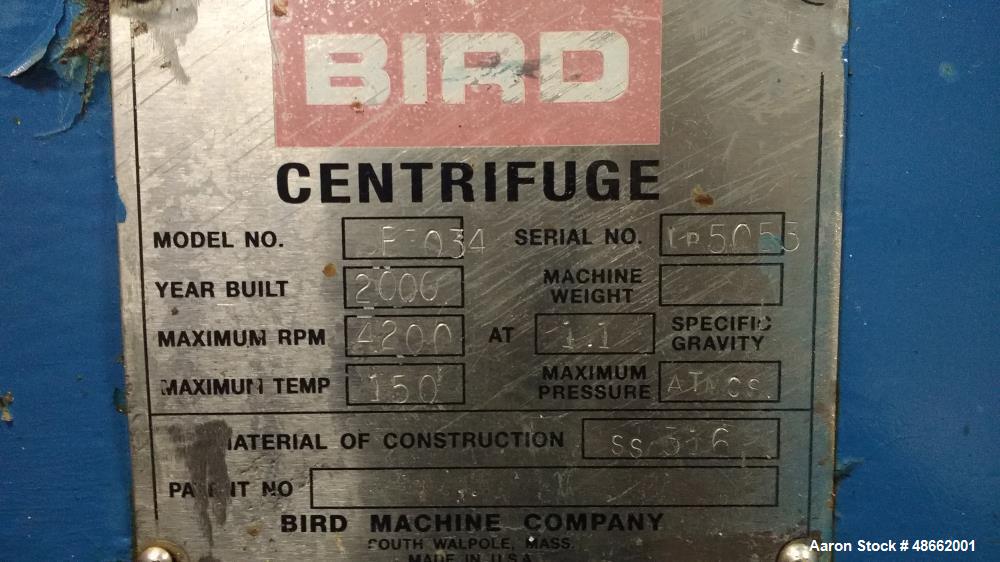 Used- Bird CentriPress Decanter Centrifuge, Model CP-3034