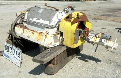 USED: Bird Solid Bowl Decanter Centrifuge. 18" diameter x 28" long rotating assembly, 316 stainless steel construction on product contact areas, 10 degree bowl contour, max bowl speed 2400 rpm. 4" do...
