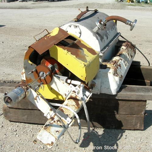 USED: Bird Solid Bowl Decanter Centrifuge. 18" diameter x 28" long rotating assembly, 316 stainless steel construction on product contact areas, 10 degree bowl contour, max bowl speed 2400 rpm. 4" do...