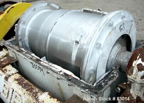 USED: Bird Solid Bowl Decanter Centrifuge. 18" diameter x 28" long rotating assembly, 316 stainless steel construction on product contact areas, 10 degree bowl contour, max bowl speed 2400 rpm. 4" do...