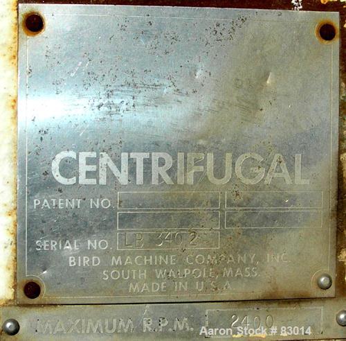 USED: Bird Solid Bowl Decanter Centrifuge. 18" diameter x 28" long rotating assembly, 316 stainless steel construction on product contact areas, 10 degree bowl contour, max bowl speed 2400 rpm. 4" do...