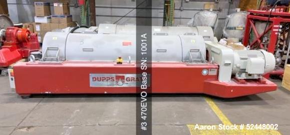 Used Dupps Model GMT-470EVO Decanter Centrifuge. Stainless steel construction.  Bowl driven by approximate 50hp motor, 20hp back drive. 1-1/2" Feed tube, 4" liquid phase discharge, 28-5/8" x 14-9/16"...