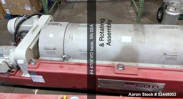 Used Dupps Model GMT-470EVO Decanter Centrifuge. Stainless steel construction. Bowl driven by approximate 50hp motor, 20hp back drive. 1-1/2" Feed tube, 4" liquid phase discharge, 28-5/8" x 14-9/16" ...