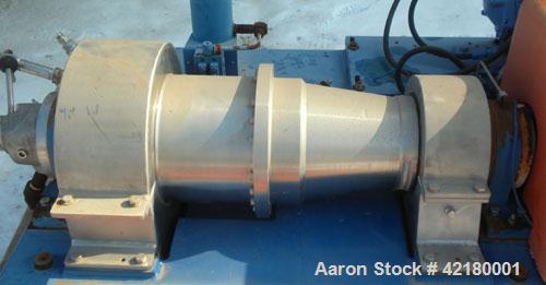 Used Flottweg Z-23-3/441 Tricanter Solid Bowl Centrifuge. 329 Stainless steel construction (product contact areas), maximum bowl speed 6000 rpm, 4630 x G force, discharge casing chutes, fiberglass bo...