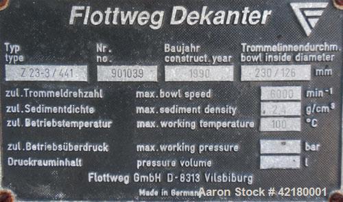 Used Flottweg Z-23-3/441 Tricanter Solid Bowl Centrifuge. 329 Stainless steel construction (product contact areas), maximum bowl speed 6000 rpm, 4630 x G force, discharge casing chutes, fiberglass bo...
