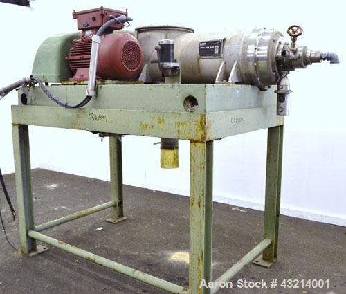 Used Flottweg Z32-3/401G Solid Bowl Decanter Centrifuge, 316 stainless steel (product contact areas). Pressure-tight design, max bowl speed 4500 rpm, bowl diameter 12.6"/7" (320/177 mm), adjustable s...