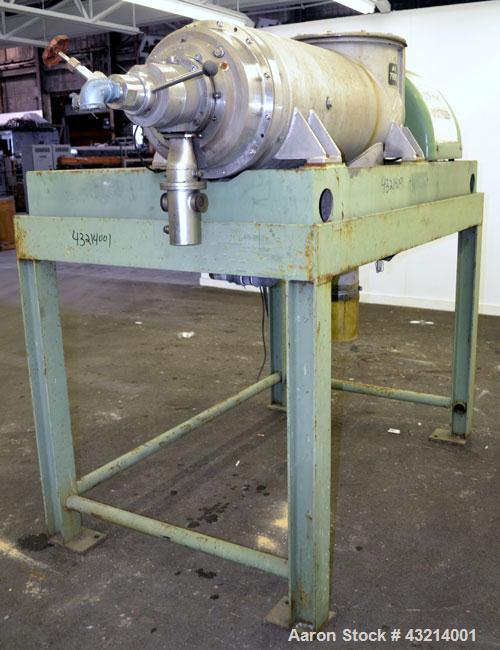 Used Flottweg Z32-3/401G Solid Bowl Decanter Centrifuge, 316 stainless steel (product contact areas). Pressure-tight design, max bowl speed 4500 rpm, bowl diameter 12.6"/7" (320/177 mm), adjustable s...