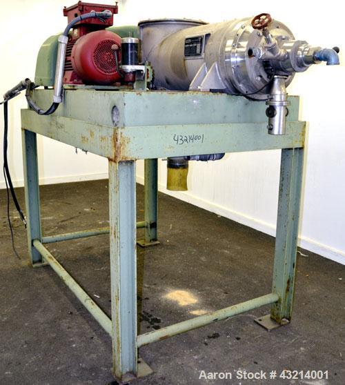 Used Flottweg Z32-3/401G Solid Bowl Decanter Centrifuge, 316 stainless steel (product contact areas). Pressure-tight design, max bowl speed 4500 rpm, bowl diameter 12.6"/7" (320/177 mm), adjustable s...