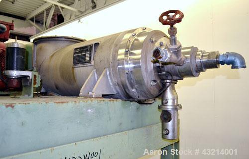Used Flottweg Z32-3/401G Solid Bowl Decanter Centrifuge, 316 stainless steel (product contact areas). Pressure-tight design, max bowl speed 4500 rpm, bowl diameter 12.6"/7" (320/177 mm), adjustable s...