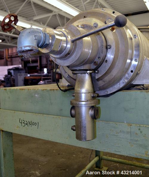 Used Flottweg Z32-3/401G Solid Bowl Decanter Centrifuge, 316 stainless steel (product contact areas). Pressure-tight design, max bowl speed 4500 rpm, bowl diameter 12.6"/7" (320/177 mm), adjustable s...