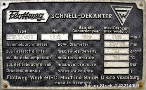 Used Flottweg Z32-3/401G Solid Bowl Decanter Centrifuge, 316 stainless steel (product contact areas). Pressure-tight design, max bowl speed 4500 rpm, bowl diameter 12.6"/7" (320/177 mm), adjustable s...