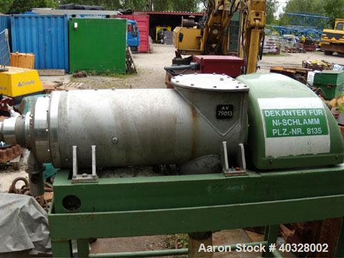 Used Flottweg Decanter, Type Z1-L. Material of construction is stainless steel on product contact parts. Max bowl speed 4500 rpm by a 33 hp/22 kw-380 volt/50 cycle/3 ph belt driven motor. Complete wi...
