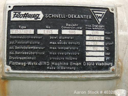 Used Flottweg Decanter, Type Z1-L. Material of construction is stainless steel on product contact parts. Max bowl speed 4500 rpm by a 33 hp/22 kw-380 volt/50 cycle/3 ph belt driven motor. Complete wi...