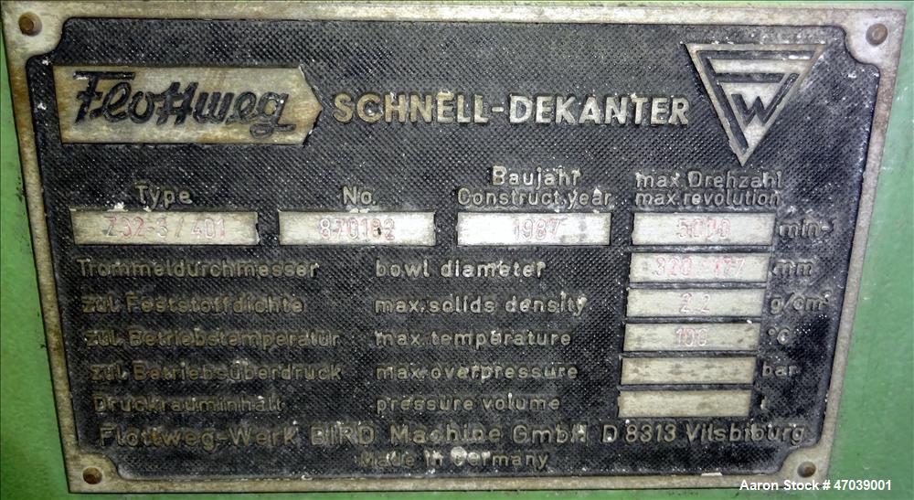 Used Flottweg Z32/4-401 Solid Bowl Decanter Centrifuge.
