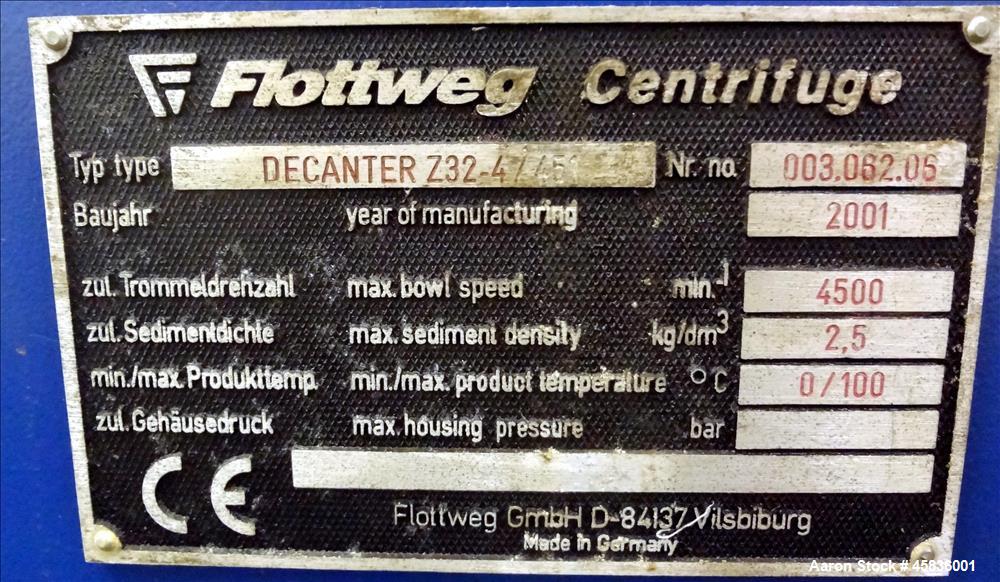 Used- Flottweg Solid Bowl Decanter Centrifuge, Model Z32/4-451