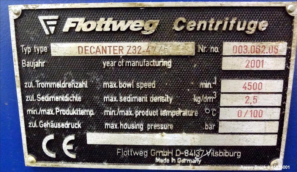 Used Flottweg Solid Bowl Decanter Centrifuge, Model Z32/4-451