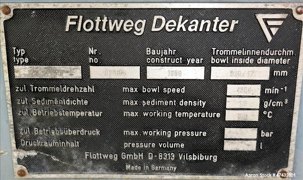 Used Flottweg Solid Bowl Decanter Centrifuge, Model Z32-4/451