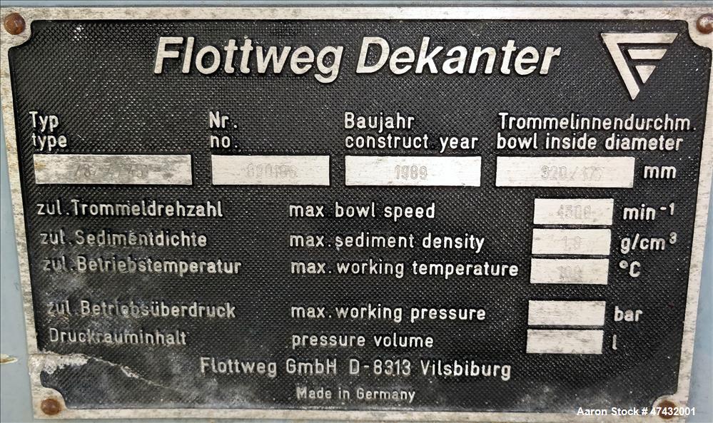 Used- Flottweg Solid Bowl Decanter Centrifuge, Model Z32-4/451