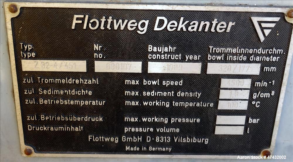 Used Flottweg Solid Bowl Decanter Centrifuge, Model Z32-4/451