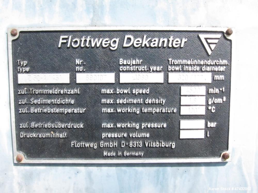 Used Flottweg Solid Bowl Decanter Centrifuge, Model Z32-4/451