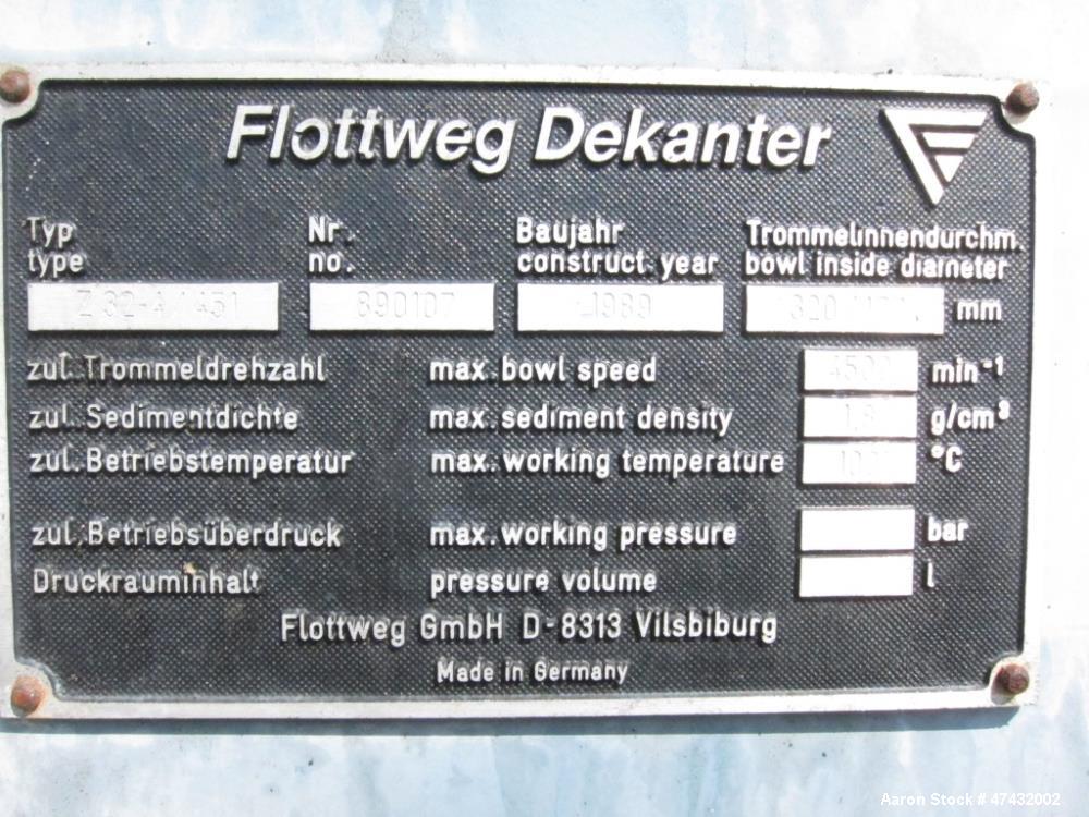 Used Flottweg Solid Bowl Decanter Centrifuge, Model Z32-4/451