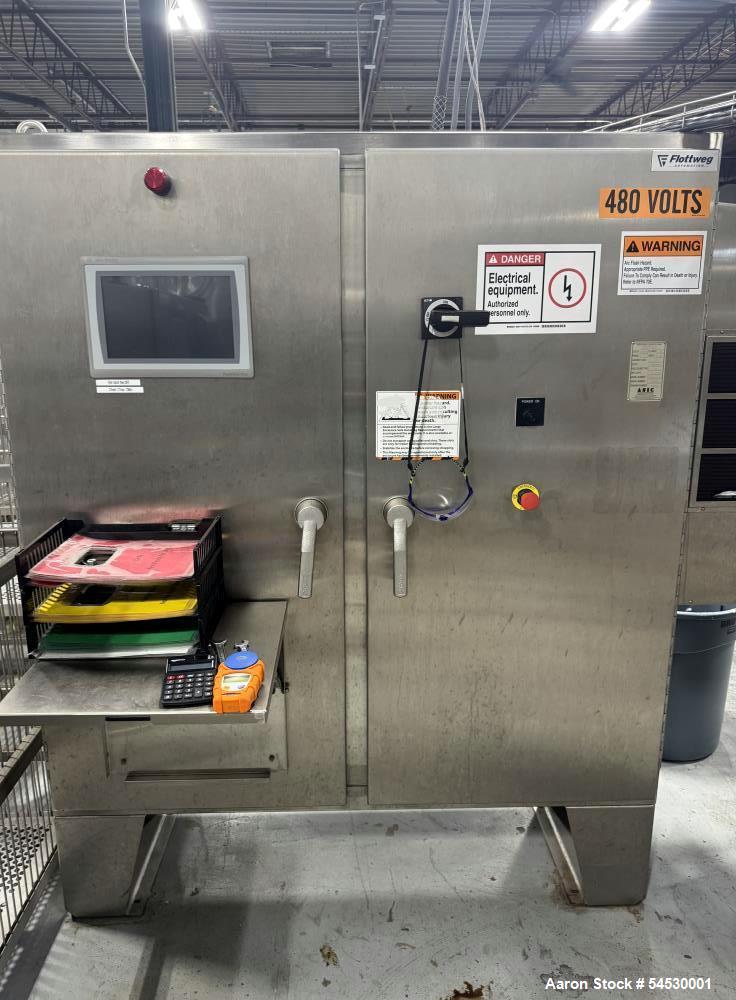 Used Flottweg Decanter Centrifuge, Model Z3E-4/401. Maximum bowl speed 5250 RPM. Maximum sediment density 1.6 kg/dm3. Stainless steel product contact areas, food grade. Cone angled at 8 degrees. 15 H...