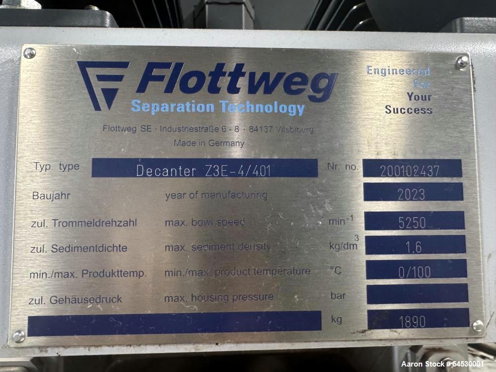 Used Flottweg Decanter Centrifuge, Model Z3E-4/401. Maximum bowl speed 5250 RPM. Maximum sediment density 1.6 kg/dm3. Stainless steel product contact areas, food grade. Cone angled at 8 degrees. 15 H...