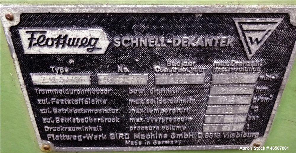 Used Bird/Flottweg 2550 (2 or 3 phase) Solid Bowl Decanter Centrifuge