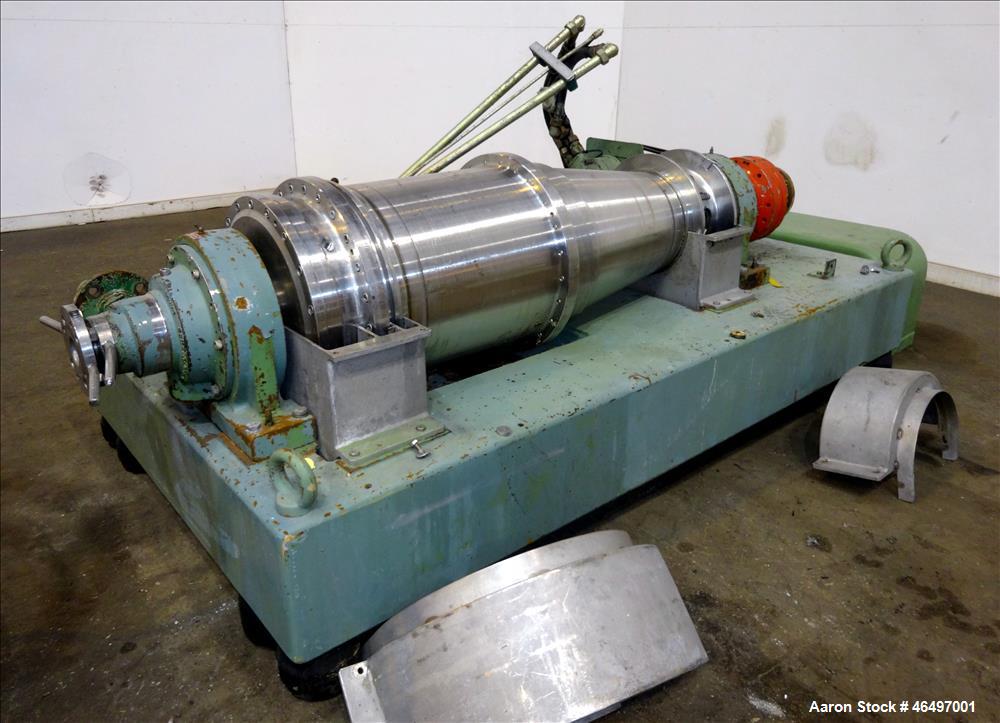Used Flottweg Z42/3 Solid Bowl Tricanter Centrifuge. 316 Stainless steel construction (product contact areas), max bowl speed 4000 rpm, 2.5" single lead conveyor with welded hardfacing, gearbox, stan...