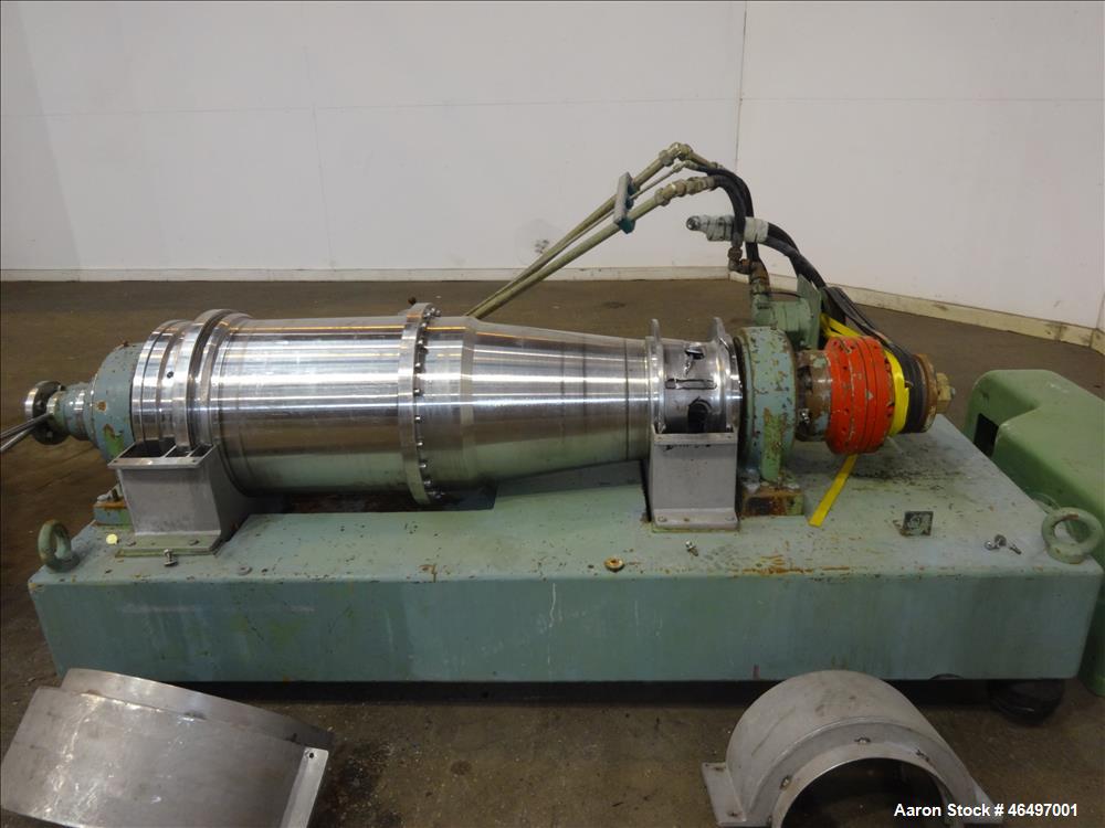 Used Flottweg Z42/3 Solid Bowl Tricanter Centrifuge. 316 Stainless steel construction (product contact areas), max bowl speed 4000 rpm, 2.5" single lead conveyor with welded hardfacing, gearbox, stan...