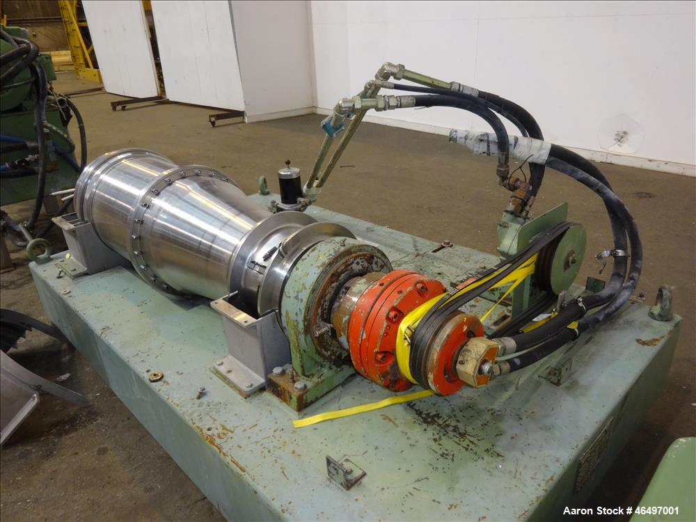 Used Flottweg Z42/3 Solid Bowl Tricanter Centrifuge. 316 Stainless steel construction (product contact areas), max bowl speed 4000 rpm, 2.5" single lead conveyor with welded hardfacing, gearbox, stan...