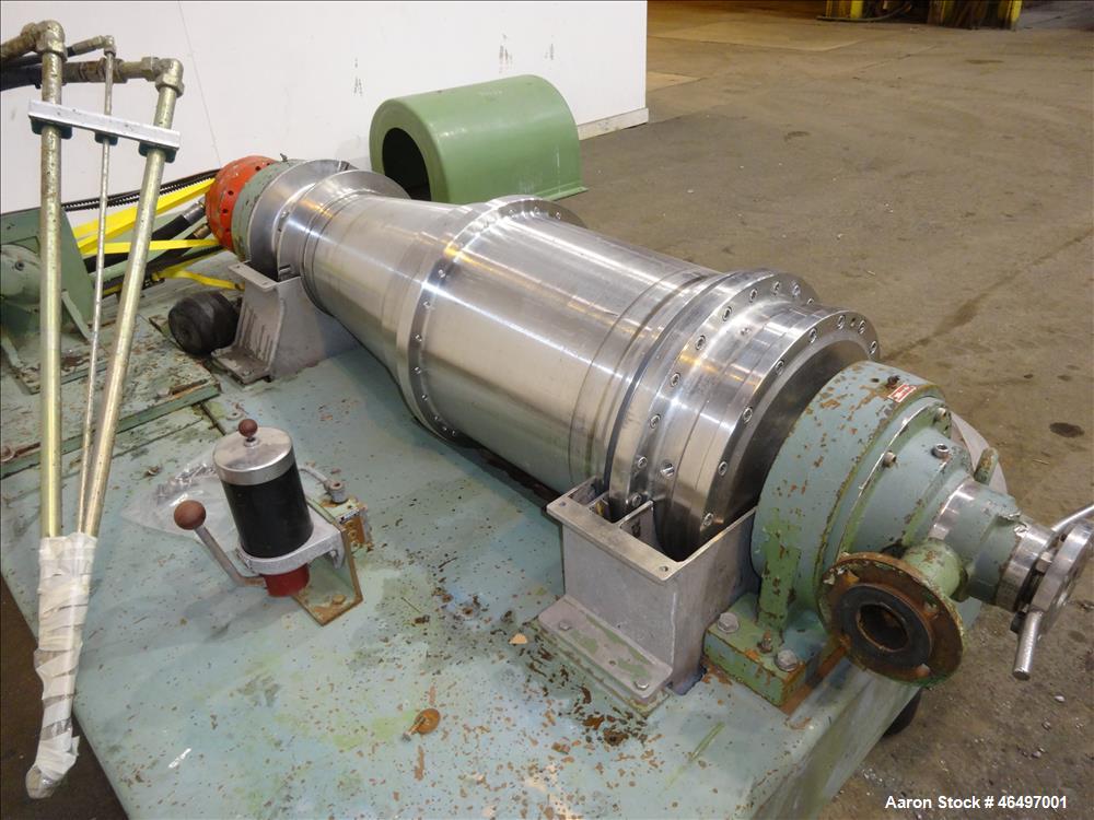 Used Flottweg Z42/3 Solid Bowl Tricanter Centrifuge. 316 Stainless steel construction (product contact areas), max bowl speed 4000 rpm, 2.5" single lead conveyor with welded hardfacing, gearbox, stan...