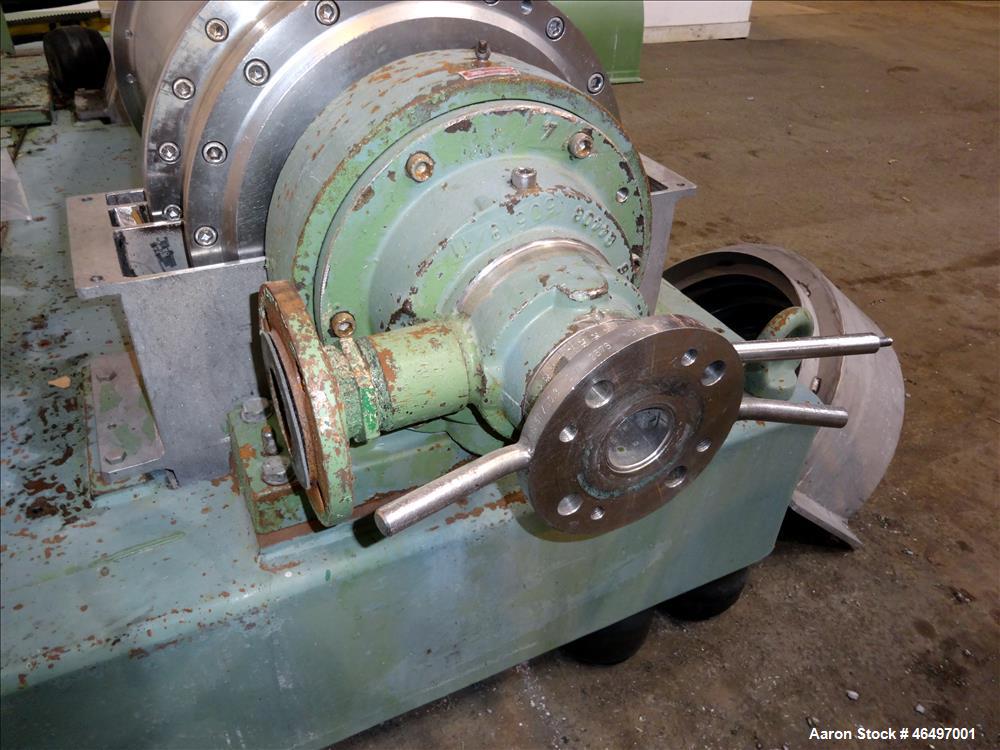 Used Flottweg Z42/3 Solid Bowl Tricanter Centrifuge. 316 Stainless steel construction (product contact areas), max bowl speed 4000 rpm, 2.5" single lead conveyor with welded hardfacing, gearbox, stan...