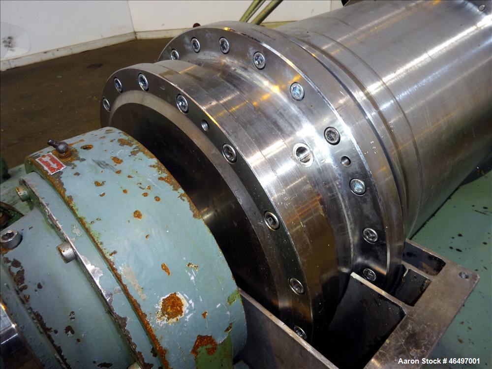 Used Flottweg Z42/3 Solid Bowl Tricanter Centrifuge. 316 Stainless steel construction (product contact areas), max bowl speed 4000 rpm, 2.5" single lead conveyor with welded hardfacing, gearbox, stan...