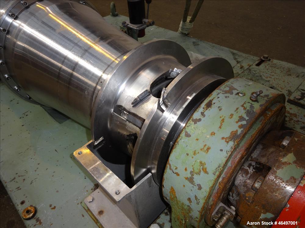 Used Flottweg Z42/3 Solid Bowl Tricanter Centrifuge. 316 Stainless steel construction (product contact areas), max bowl speed 4000 rpm, 2.5" single lead conveyor with welded hardfacing, gearbox, stan...