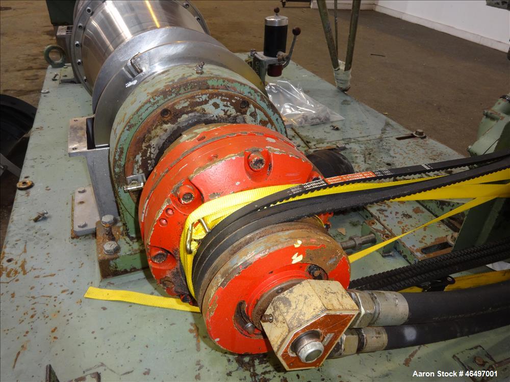 Used Flottweg Z42/3 Solid Bowl Tricanter Centrifuge. 316 Stainless steel construction (product contact areas), max bowl speed 4000 rpm, 2.5" single lead conveyor with welded hardfacing, gearbox, stan...