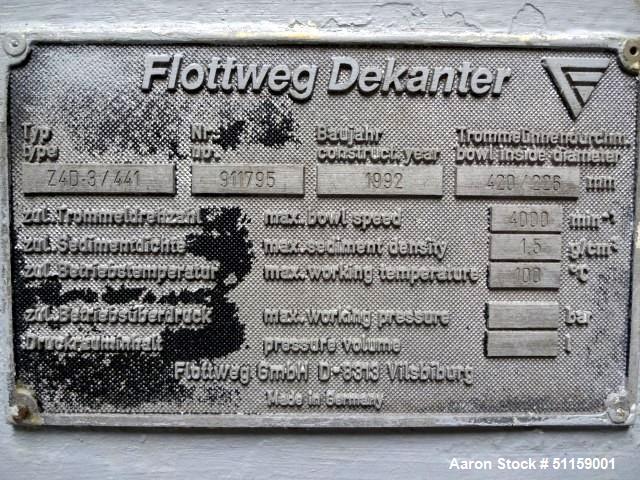 Used Flottweg Z4D-3/441 "Semi-Sanitary" Tricanter Solid Bowl Decanter Centrifug