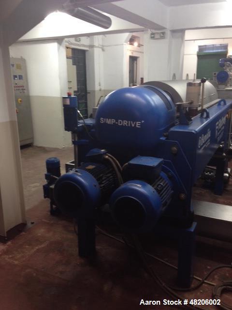 Used Flottweg Z4E-4/444 Tricanter Solid Bowl Decanter Centrifuge. Maximum bowl speed 3800 rpm, three phase separation (liquid/liquid/solids separation), steep angle bowl design, conveyor, base, casin...