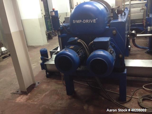 Used Flottweg Z4E-4/444 Tricanter Solid Bowl Decanter Centrifuge. Maximum bowl speed 3800 rpm, three phase separation (liquid/liquid/solids separation), steep angle bowl design, conveyor, base, casin...