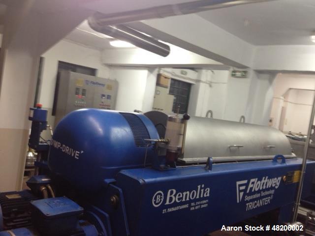 Used Flottweg Z4E-4/444 Tricanter Solid Bowl Decanter Centrifuge. Maximum bowl speed 3800 rpm, three phase separation (liquid/liquid/solids separation), steep angle bowl design, conveyor, base, casin...