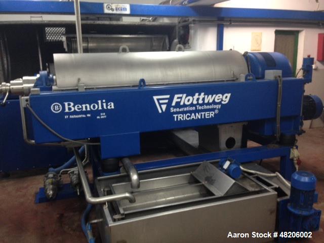 Used Flottweg Z4E-4/444 Tricanter Solid Bowl Decanter Centrifuge. Maximum bowl speed 3800 rpm, three phase separation (liquid/liquid/solids separation), steep angle bowl design, conveyor, base, casin...