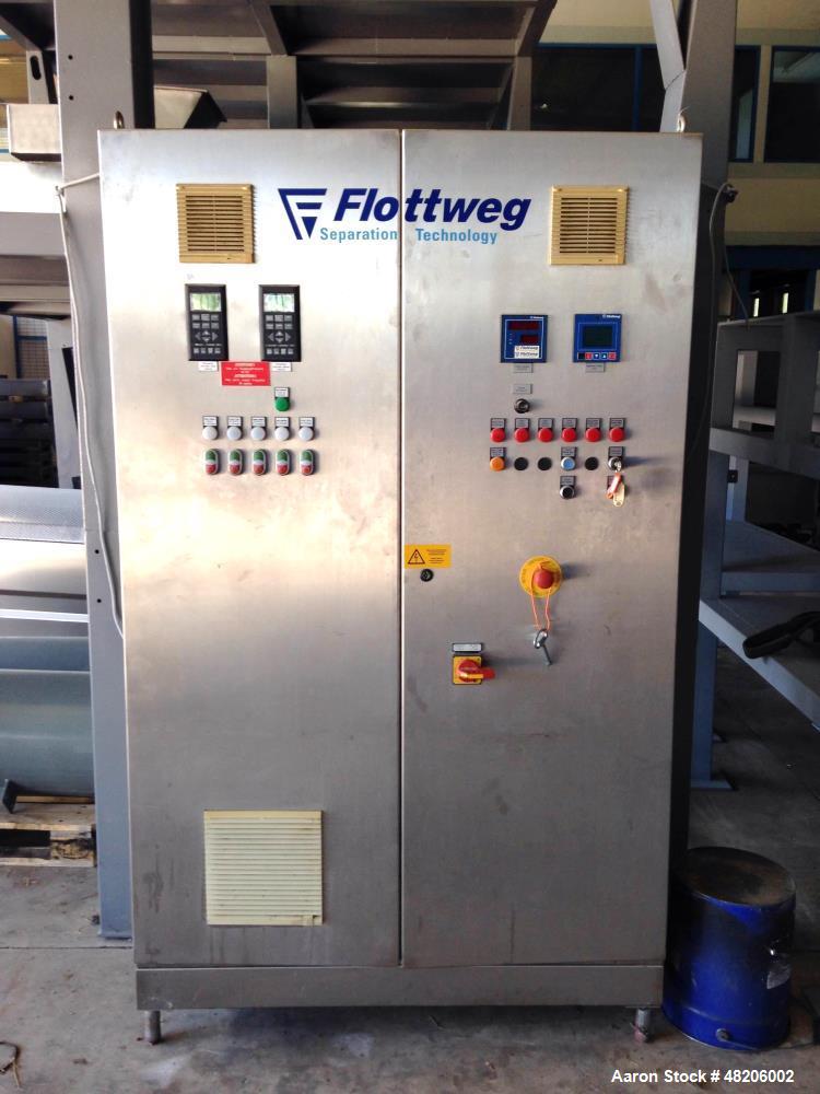 Used Flottweg Z4E-4/444 Tricanter Solid Bowl Decanter Centrifuge. Maximum bowl speed 3800 rpm, three phase separation (liquid/liquid/solids separation), steep angle bowl design, conveyor, base, casin...