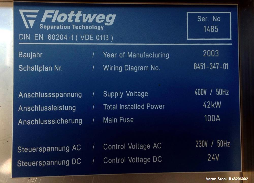 Used Flottweg Z4E-4/444 Tricanter Solid Bowl Decanter Centrifuge. Maximum bowl speed 3800 rpm, three phase separation (liquid/liquid/solids separation), steep angle bowl design, conveyor, base, casin...