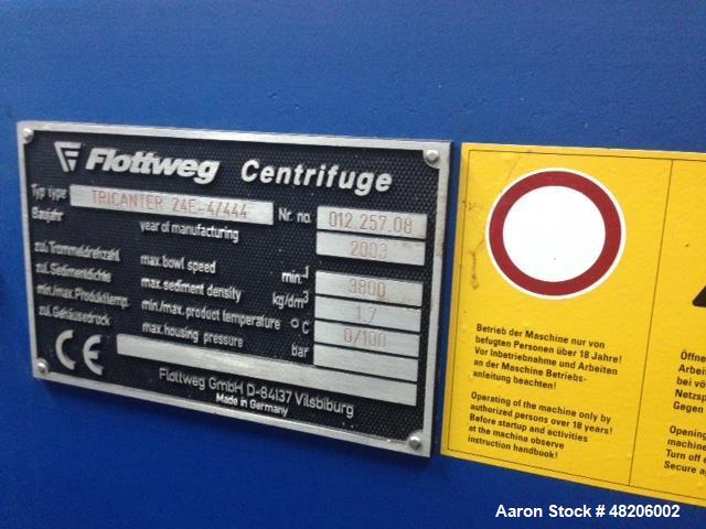 Used Flottweg Z4E-4/444 Tricanter Solid Bowl Decanter Centrifuge. Maximum bowl speed 3800 rpm, three phase separation (liquid/liquid/solids separation), steep angle bowl design, conveyor, base, casin...