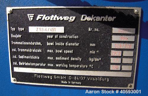 Used Flottweg  Z53-4/451 Solid Bowl Horizontal Decanter Centrifuge, 2205 stainless steel (product contact areas), 10" single lead conveyor with welded hardfacing, lined cake discharge ports, solid en...